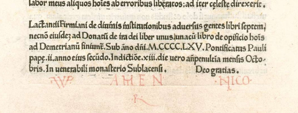 1465_Colophon from Sweynheym & Pannartz’s Lactantius