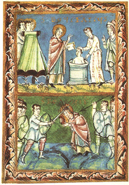 719-St_Boniface_-_Baptising-Martyrdom_-_Sacramentary_of_Fulda_-_11Century